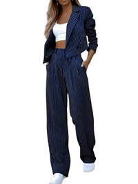 Thumbnail for Women's Pant Suits - Striped Crop Blazer & Straight Wide Leg Pants Suit -, Pant Suits , Drestiny , Australia, Blazers, Canada, Dark Blue, Dress Pants, Grey, Jackets, L, Long Sleeves, M, Navy, New Zealand, Pant Suits, Pants Sets, S, United Kingdom, United States, XL , Drestiny , www.shopdrestiny.com