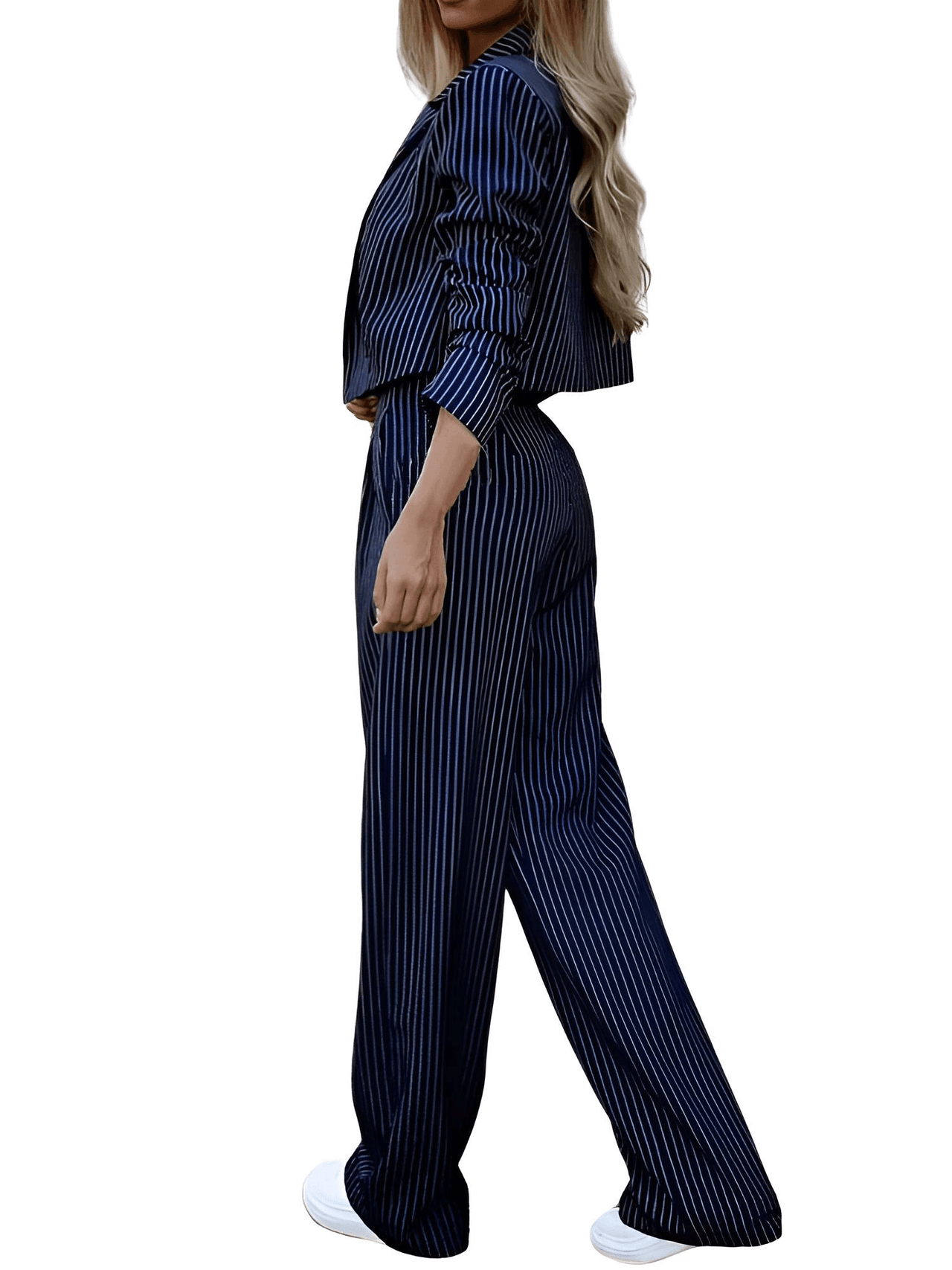 Women's Pant Suits - Striped Crop Blazer & Straight Wide Leg Pants Suit -, Pant Suits , Drestiny , Australia, Blazers, Canada, Dark Blue, Dress Pants, Grey, Jackets, L, Long Sleeves, M, Navy, New Zealand, Pant Suits, Pants Sets, S, United Kingdom, United States, XL , Drestiny , www.shopdrestiny.com