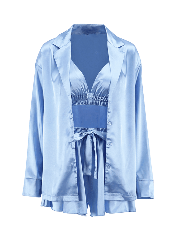 Women's Satin 3 Piece Pajamas Sexy Shorts + Shirt Set With Bralette -, Pajama Sets , Drestiny , Australia, Black, Blue, Canada, Champagne, Cyan, Green, Grey, L, Light Green, Light Pink, M, New Zealand, Pajamas, Pink, Purple, Robes, S, Sets, Shorts, United Kingdom, United States, White , Drestiny , www.shopdrestiny.com