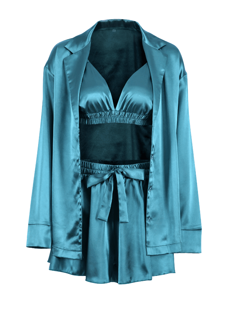 Women's Satin 3 Piece Pajamas Sexy Shorts + Shirt Set With Bralette -, Pajama Sets , Drestiny , Australia, Black, Blue, Canada, Champagne, Cyan, Green, Grey, L, Light Green, Light Pink, M, New Zealand, Pajamas, Pink, Purple, Robes, S, Sets, Shorts, United Kingdom, United States, White , Drestiny , www.shopdrestiny.com