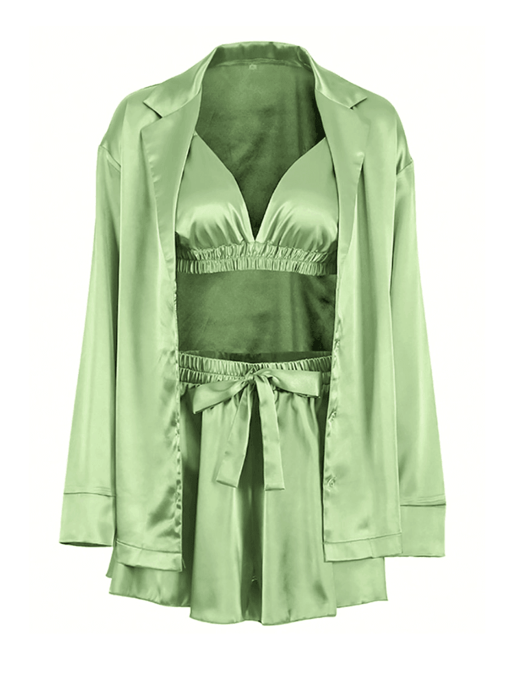 Women's Satin 3 Piece Pajamas Sexy Shorts + Shirt Set With Bralette -, Pajama Sets , Drestiny , Australia, Black, Blue, Canada, Champagne, Cyan, Green, Grey, L, Light Green, Light Pink, M, New Zealand, Pajamas, Pink, Purple, Robes, S, Sets, Shorts, United Kingdom, United States, White , Drestiny , www.shopdrestiny.com