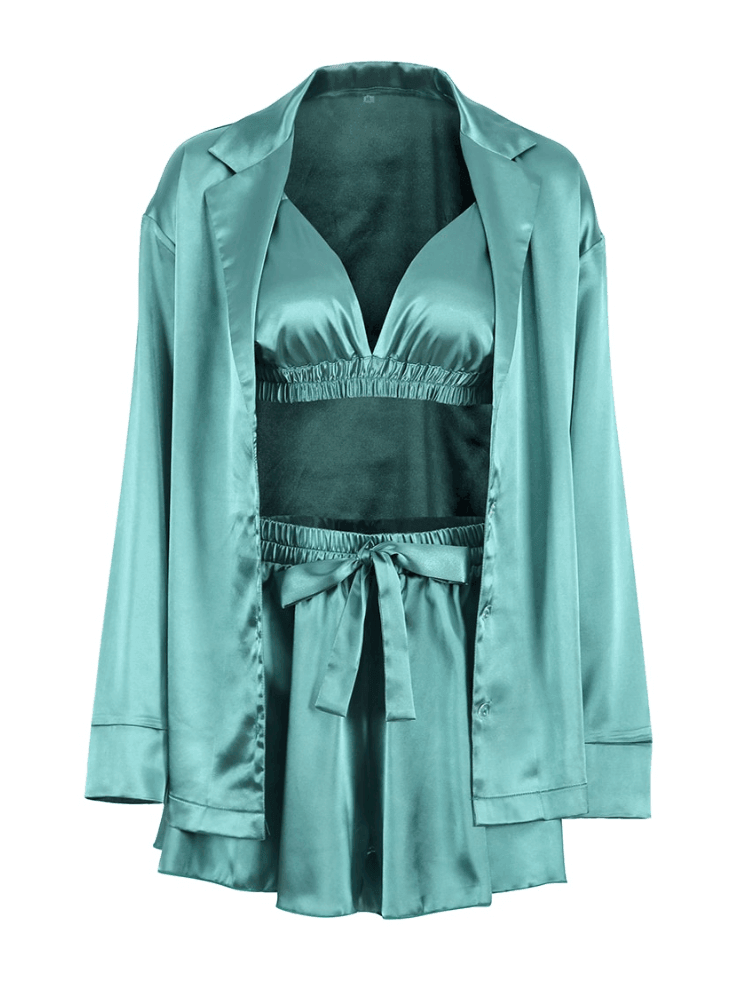 Women's Satin 3 Piece Pajamas Sexy Shorts + Shirt Set With Bralette -, Pajama Sets , Drestiny , Australia, Black, Blue, Canada, Champagne, Cyan, Green, Grey, L, Light Green, Light Pink, M, New Zealand, Pajamas, Pink, Purple, Robes, S, Sets, Shorts, United Kingdom, United States, White , Drestiny , www.shopdrestiny.com