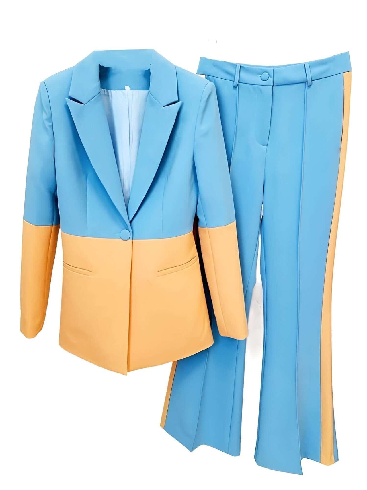 Women's Single Button Color Block Blazer Flare Pants Suit -, Outfit Sets , Drestiny , 4XL, 5XL, Australia, Canada, L, M, New Zealand, Pant Sets, Pant Suits, S, Suits, United Kingdom, United States, XL, XXL, XXXL , Drestiny , www.shopdrestiny.com