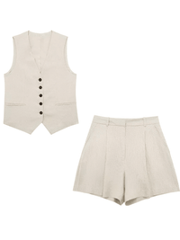 Thumbnail for Women's Slim-Fit Sleeveless Suit Vest + High Waist Shorts Causal Set -, Sets , Drestiny , Army Green, Australia, Beige, Black, Canada, Dark Blue, Khaki, New Zealand, Orange, Short Sets, Shorts, Sleeveless, United Kingdom, United States, Vests, White , Drestiny , www.shopdrestiny.com