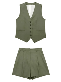 Thumbnail for Women's Slim-Fit Sleeveless Suit Vest + High Waist Shorts Causal Set -, Sets , Drestiny , Army Green, Australia, Beige, Black, Canada, Dark Blue, Khaki, New Zealand, Orange, Short Sets, Shorts, Sleeveless, United Kingdom, United States, Vests, White , Drestiny , www.shopdrestiny.com