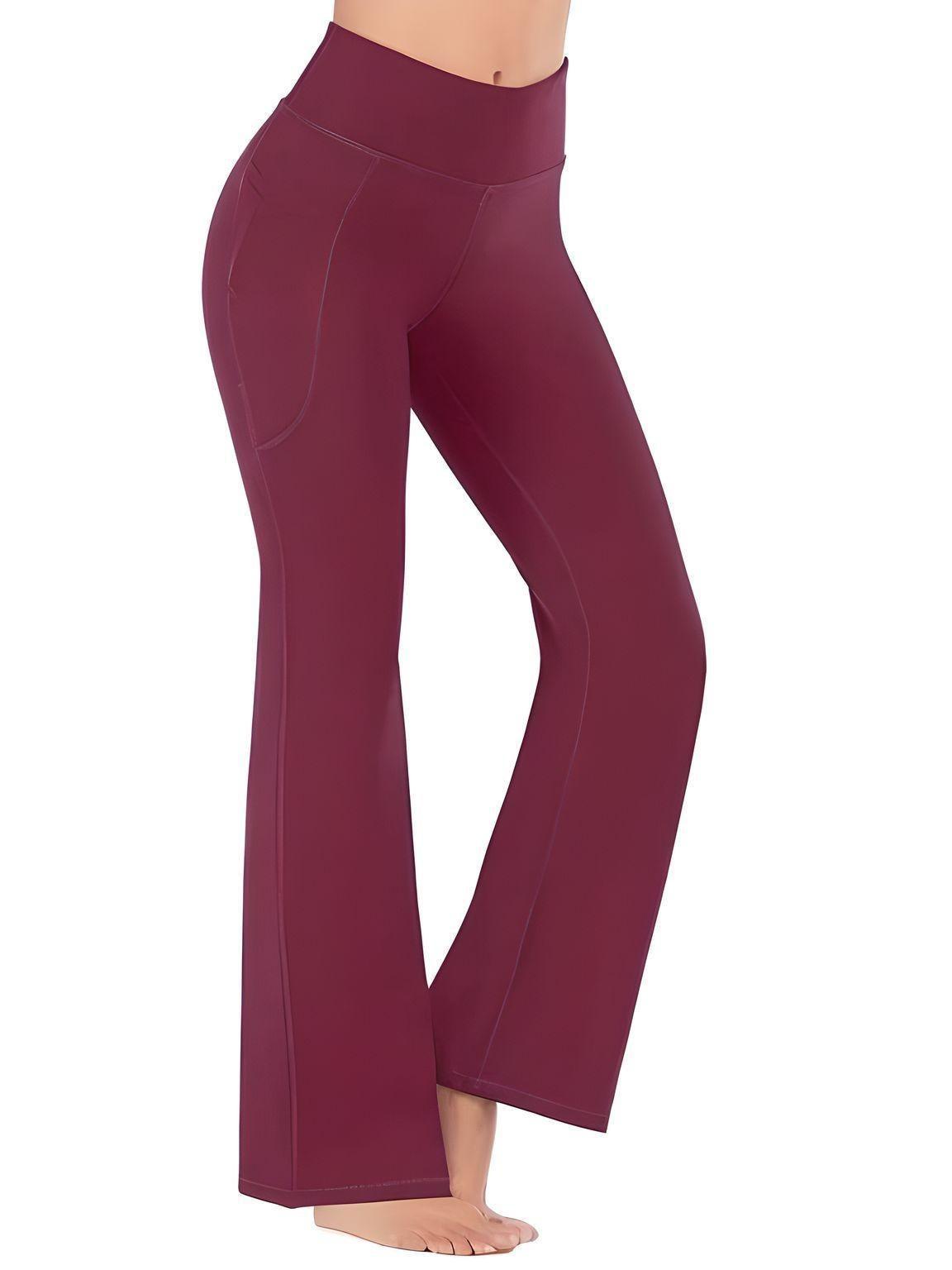 Women's High Waist Flared Yoga Pants with Pockets -, , Drestiny , wine red , Drestiny , www.shopdrestiny.com