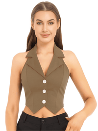 Thumbnail for Women's Office Chic Backless Halter V-Neck Crop Vest -, Vests , Drestiny , Australia, Black, Brown, Canada, Dark Blue, Khaki, L, M, Navy, New Zealand, S, United Kingdom, United States, Vests, White, XL, XXL , Drestiny , www.shopdrestiny.com