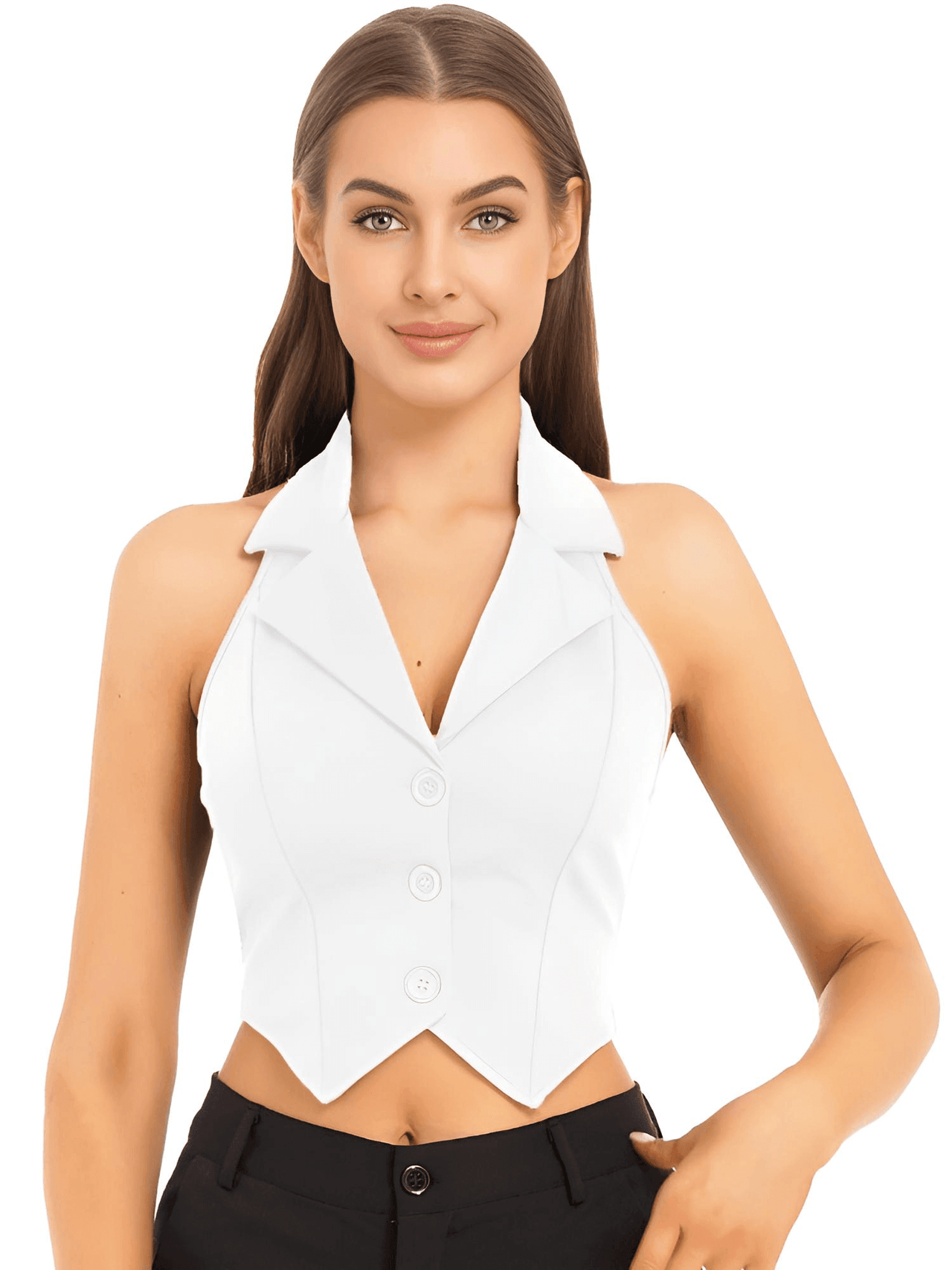 Women's Office Chic Backless Halter V-Neck Crop Vest -, Vests , Drestiny , Australia, Black, Brown, Canada, Dark Blue, Khaki, L, M, Navy, New Zealand, S, United Kingdom, United States, Vests, White, XL, XXL , Drestiny , www.shopdrestiny.com