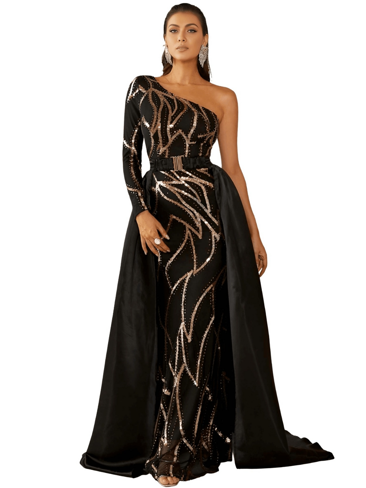 Women's One Shoulder Mermaid Black & Gold Formal Dress - NEW Colors! -, Dress , Drestiny , Australia, Black, Canada, Gold, Green, L, Long Sleeves, M, Maxi Dresses, New Zealand, One Shoulder, Red, S, Sleeveless, United Kingdom, United States, XL , Drestiny , www.shopdrestiny.com