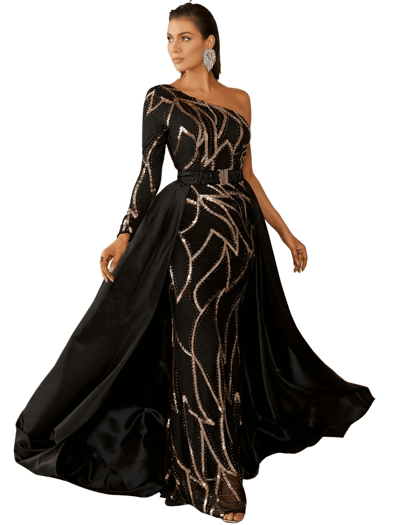 Women's One Shoulder Mermaid Black & Gold Formal Dress - NEW Colors! -, Dress , Drestiny , Australia, Black, Canada, Gold, Green, L, Long Sleeves, M, Maxi Dresses, New Zealand, One Shoulder, Red, S, Sleeveless, United Kingdom, United States, XL , Drestiny , www.shopdrestiny.com