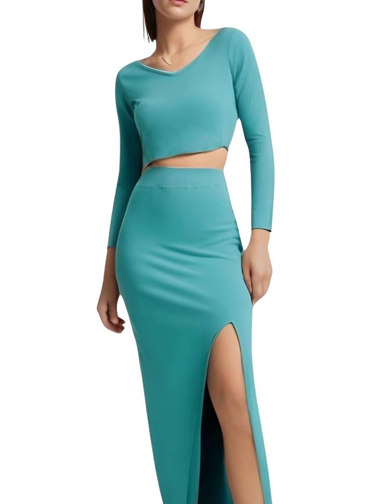 Women's Two Piece Skirt Suits Long Sleeves Knit Top + Split Long Skirt Sets -, Outfit Sets , Drestiny , Australia, Black, Brown, Canada, Casual Shirts, Crop Tops, Deep Pink, Green, Khaki, Light Blue, Long Sleeves, New Zealand, Skirt Sets, Skirts, Teal, United Kingdom, United States, White , Drestiny , www.shopdrestiny.com