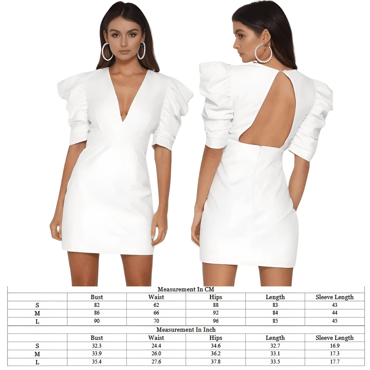 Women's Deep V-Neck Puff Sleeve Dress -, Dresses , Drestiny , Australia, Canada, FR, L, M, Mini Dresses, New Zealand, S, Short Sleeves, United Kingdom, United States, White , Drestiny , www.shopdrestiny.com