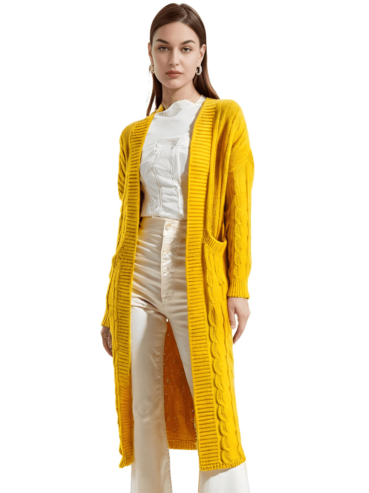 Knit Extra Long Cardigan With Pockets, Drestiny, Yellow, Deep Pink, Black, Apricot, Orange, Green, Red, Grey, XL, XXL, 3XL, 4XL, 5XL, shopdrestiny.com, Off White, Long Sleeves,