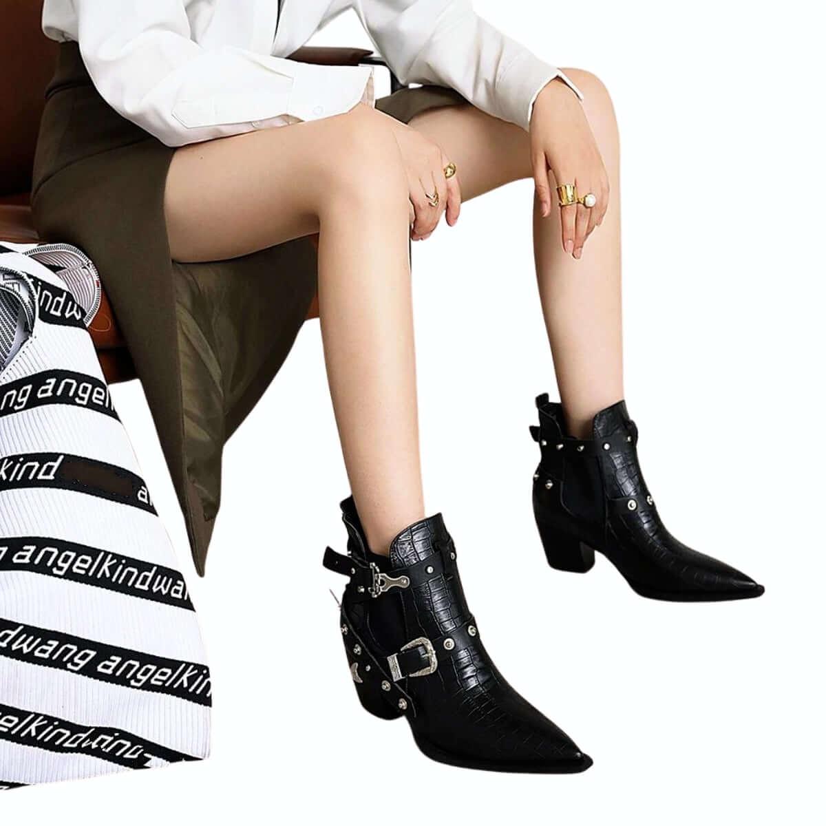 Buckled Motorcycle Western Cowboy Boots For Women -, Boots , Drestiny , Ankle Boots, Australia, Black, Blue, Boots, Canada, Dark Olive Green, Heels, New Zealand, Red, Teal, United Kingdom, United States, White, Wine Red, Yellow , Drestiny , www.shopdrestiny.com