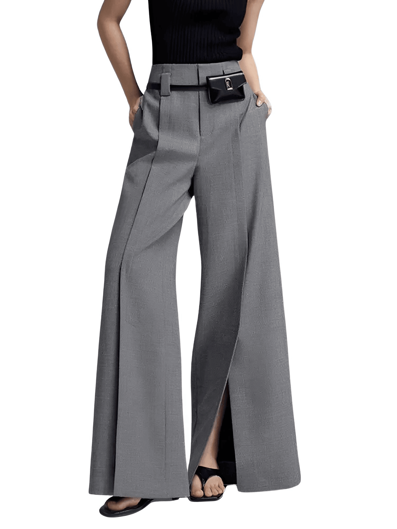 Chic High Waist Wide Leg Floor-Length Split Pleated Grey Pants For Women -, Pants , Drestiny , Australia, Casual Pants, Dress Pants, Grey, L, M, New Zealand, S, United Kingdom, United States, XL , Drestiny , www.shopdrestiny.com