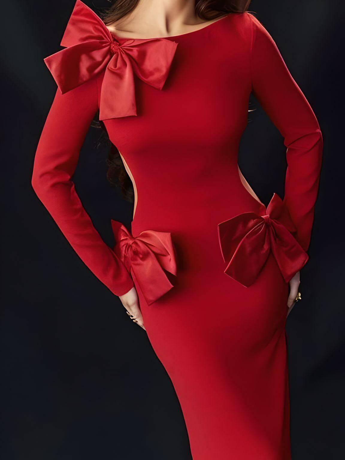 Elegant Backless Bow Red Maxi Dress For Women -, Dress , Drestiny , Ankle Length Dresses, Australia, Canada, FR, L, Long Sleeves, M, Maxi Dresses, New Zealand, Red, S, United Kingdom, United States , Drestiny , www.shopdrestiny.com