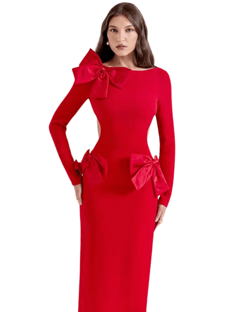 Elegant Backless Bow Red Maxi Dress For Women -, Dress , Drestiny , Ankle Length Dresses, Australia, Canada, FR, L, Long Sleeves, M, Maxi Dresses, New Zealand, Red, S, United Kingdom, United States , Drestiny , www.shopdrestiny.com