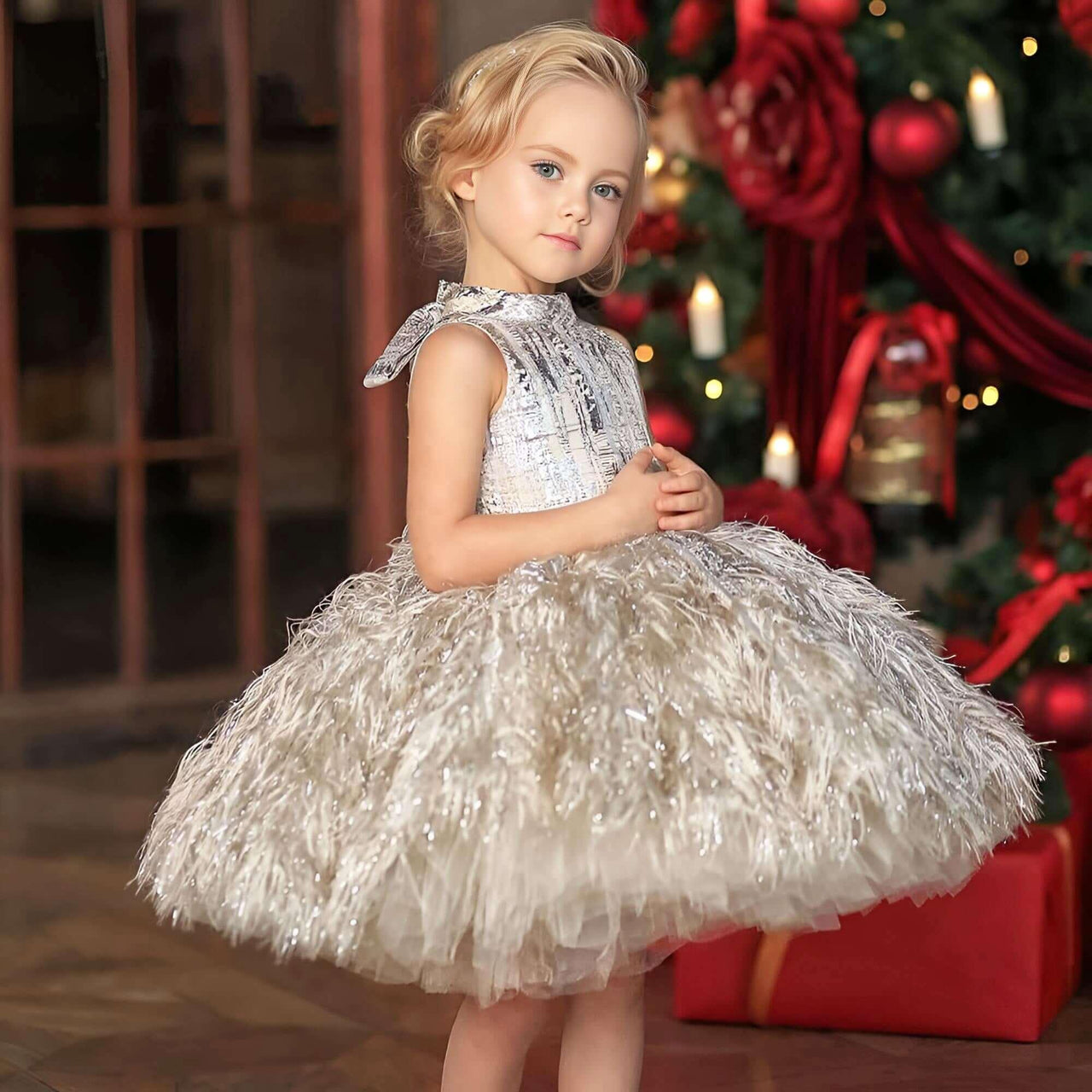 Feather Flower Girl Dress -, Dress , Drestiny , 10T, 11T, 12M, 12T, 13T, 14T, 18M, 2T, 3T, 4, 5T, 6T, 7T, 8T, 9T, Australia, Dresses, Flower Girl Dresses, Girls, Gold, New Zealand, Pink, Silver, Sleeveless, TD, United Kingdom, United States , Drestiny , www.shopdrestiny.com