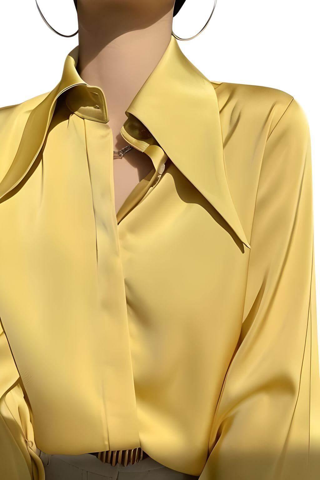 Stylish Elegant Turn Down Collar Long Sleeve Satin Shirt -, Blouse , Drestiny , Australia, Blouses, Dress Shirts, L, Long Sleeves, M, Mustard Yellow, New Zealand, S, United Kingdom, United States, White, XL, XXL , Drestiny , www.shopdrestiny.com