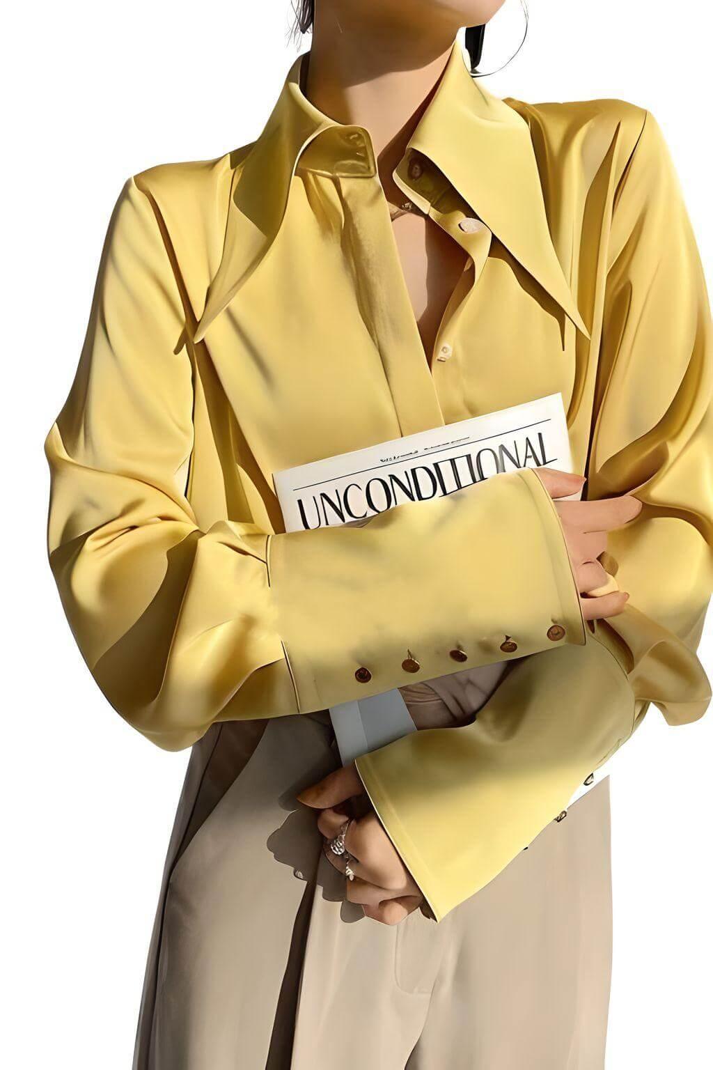 Stylish Elegant Turn Down Collar Long Sleeve Satin Shirt -, Blouse , Drestiny , Australia, Blouses, Dress Shirts, L, Long Sleeves, M, Mustard Yellow, New Zealand, S, United Kingdom, United States, White, XL, XXL , Drestiny , www.shopdrestiny.com