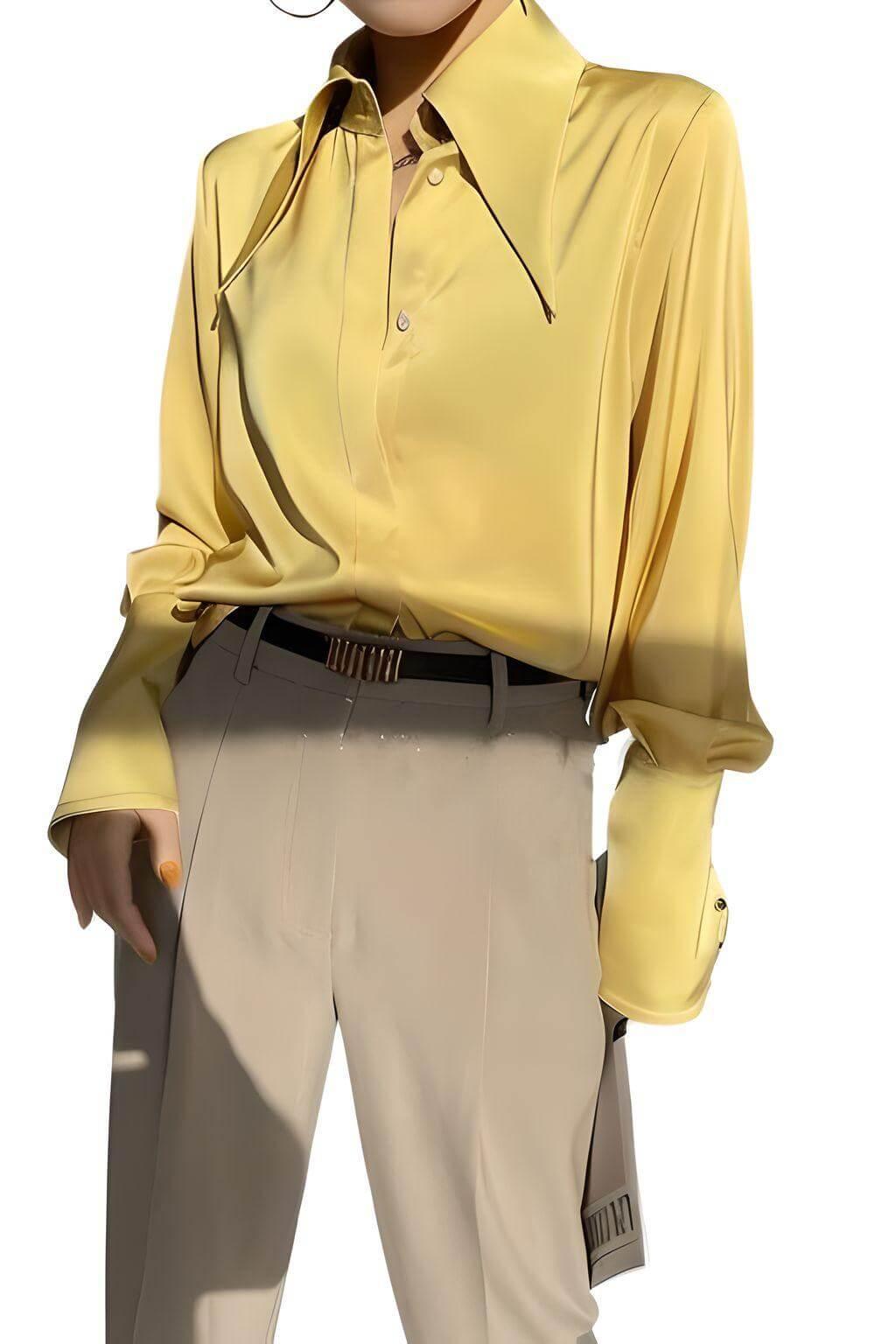 Stylish Elegant Turn Down Collar Long Sleeve Satin Shirt -, Blouse , Drestiny , Australia, Blouses, Dress Shirts, L, Long Sleeves, M, Mustard Yellow, New Zealand, S, United Kingdom, United States, White, XL, XXL , Drestiny , www.shopdrestiny.com