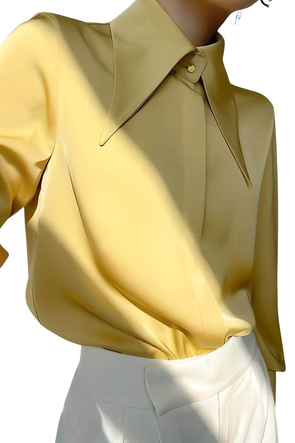 Stylish Elegant Turn Down Collar Long Sleeve Satin Shirt -, Blouse , Drestiny , Australia, Blouses, Dress Shirts, L, Long Sleeves, M, Mustard Yellow, New Zealand, S, United Kingdom, United States, White, XL, XXL , Drestiny , www.shopdrestiny.com