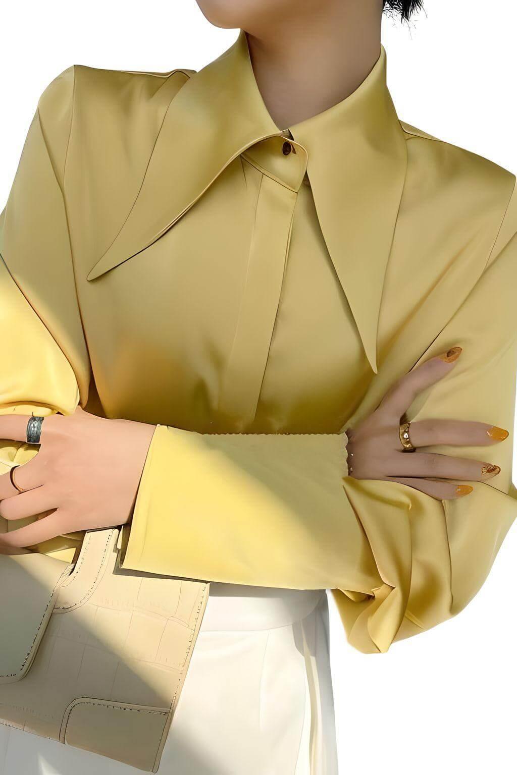 Stylish Elegant Turn Down Collar Long Sleeve Satin Shirt -, Blouse , Drestiny , Australia, Blouses, Dress Shirts, L, Long Sleeves, M, Mustard Yellow, New Zealand, S, United Kingdom, United States, White, XL, XXL , Drestiny , www.shopdrestiny.com