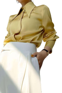 Thumbnail for Stylish Elegant Turn Down Collar Long Sleeve Satin Shirt -, Blouse , Drestiny , Australia, Blouses, Dress Shirts, L, Long Sleeves, M, Mustard Yellow, New Zealand, S, United Kingdom, United States, White, XL, XXL , Drestiny , www.shopdrestiny.com