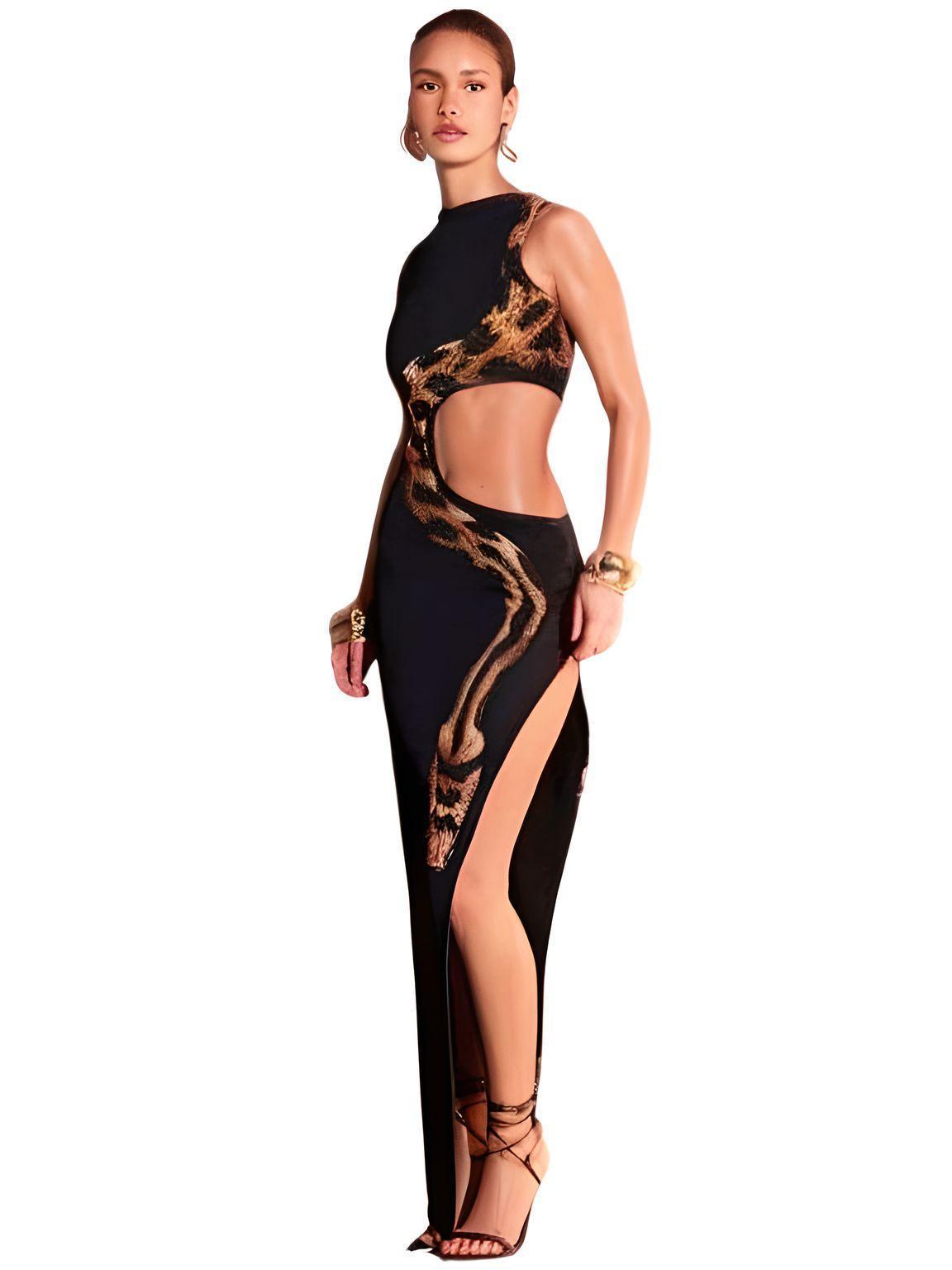 Women's Summer Sexy Slim Slit Long Skirt Hollow Dress Sexy Snake Party Dress