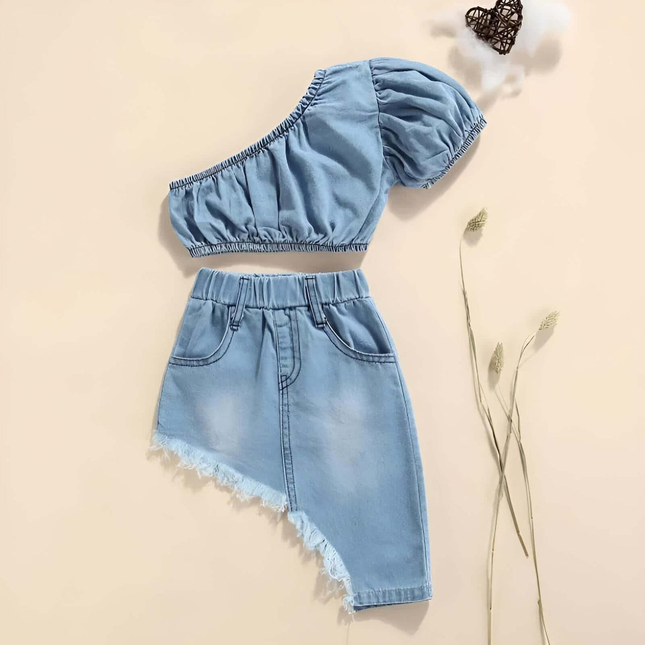 Girl's Short Sleeve Off-Shoulder Denim Cropped Top + Irregular Hem Skirt Set -, Baby & Toddler Outfits , Drestiny , 12M, 18M, 24M, 2T, 3T, 4T, 5T, Australia, Blue, Canada, Casual Shirts, Crop Tops, New Zealand, One Shoulder, Short Sleeves, Skirt Sets, Skirts, Sleeveless, United Kingdom, United States , Drestiny , www.shopdrestiny.com