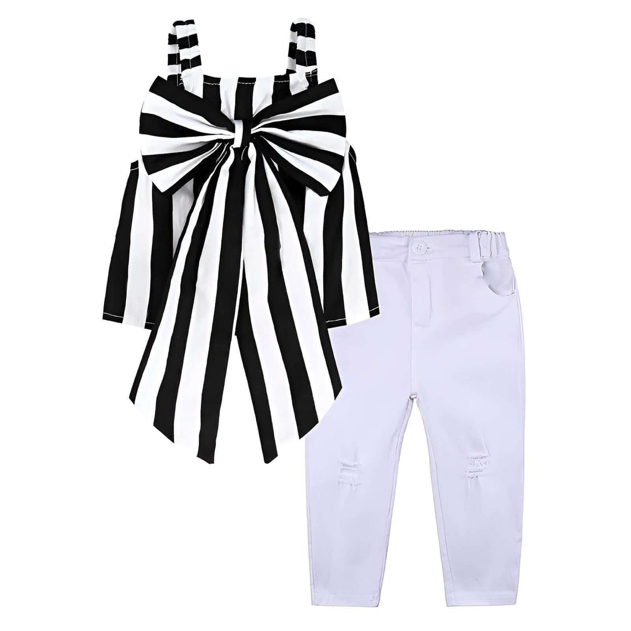 Girl's Stripe Camisole Bow Top + White Hole Denim Like Pants Kids 2 Piece Outfits -, Baby & Toddler Outfits , Drestiny , 12M, 2T, 3T, 4T, 5T, 6T, 7T, Australia, Black, Camisoles, Canada, Casual Pants, Casual Shirts, Crop Tops, Girls, Jeans, Light Purple, New Zealand, Pant Sets, Pink, Purple, Sets, TD, United Kingdom, United States, White , Drestiny , www.shopdrestiny.com