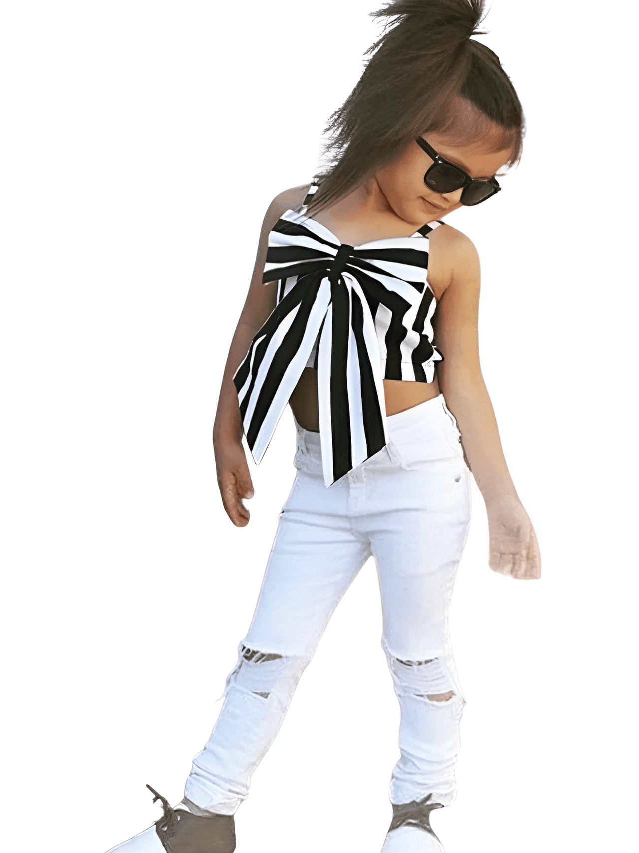 Girl's Stripe Camisole Bow Top + White Hole Denim Like Pants Kids 2 Piece Outfits -, Baby & Toddler Outfits , Drestiny , 12M, 2T, 3T, 4T, 5T, 6T, 7T, Australia, Black, Camisoles, Canada, Casual Pants, Casual Shirts, Crop Tops, Girls, Jeans, Light Purple, New Zealand, Pant Sets, Pink, Purple, Sets, TD, United Kingdom, United States, White , Drestiny , www.shopdrestiny.com