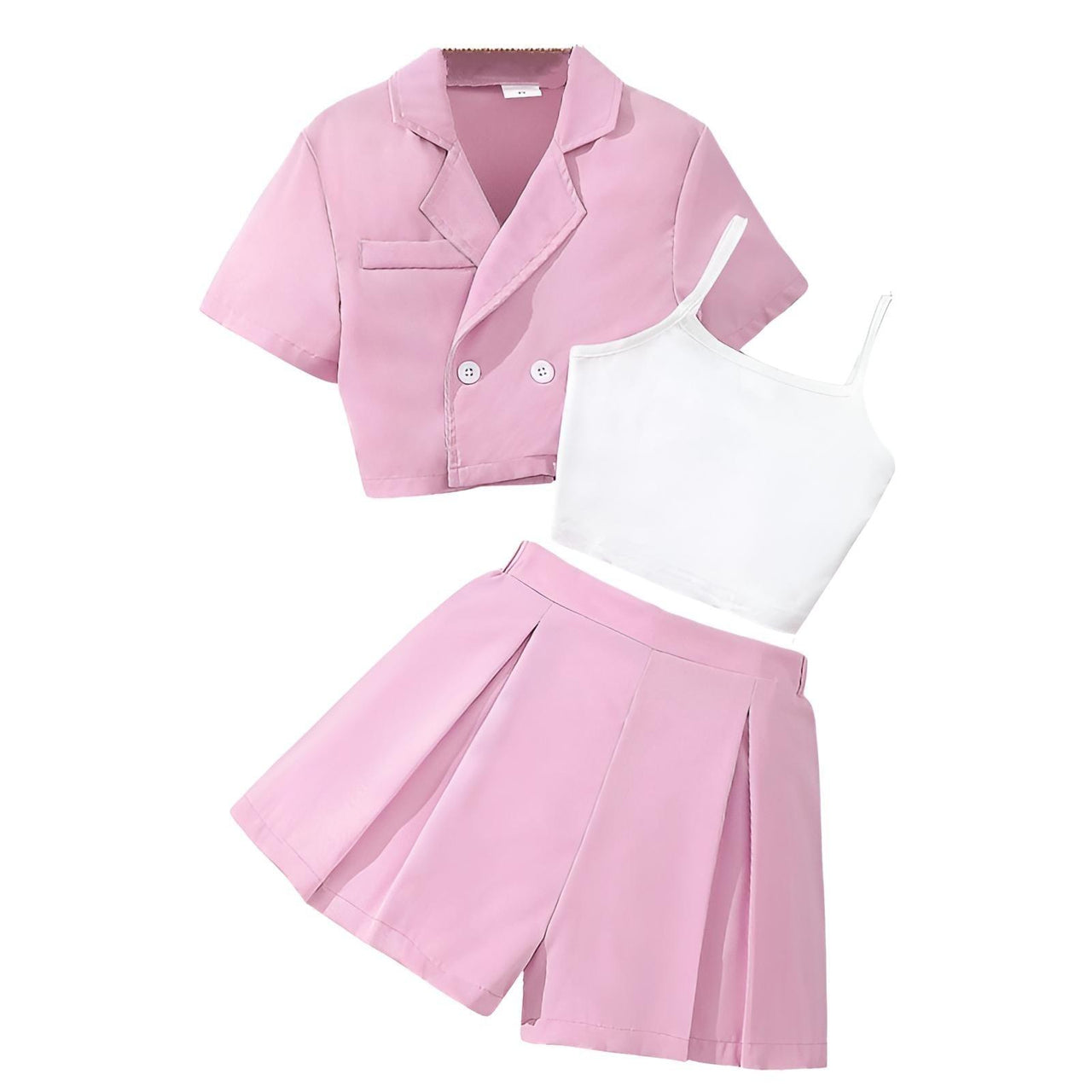 Girls Formal Casual 3-Piece Set - Short Sleeve Lapel Top + Camisole + Pleated Shorts Set -, Outfit Sets , Drestiny , 10, 11, 12, 8, 9, Australia, Camisoles, Canada, Girls, Jackets, New Zealand, Pink, Purple, Sets, Short Sets, Short Sleeves, Shorts, Sleeveless, United Kingdom, United States , Drestiny , www.shopdrestiny.com