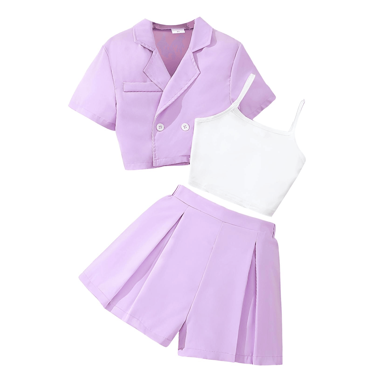 Girls Formal Casual 3-Piece Set - Short Sleeve Lapel Top + Camisole + Pleated Shorts Set -, Outfit Sets , Drestiny , 10, 11, 12, 8, 9, Australia, Camisoles, Canada, Girls, Jackets, New Zealand, Pink, Purple, Sets, Short Sets, Short Sleeves, Shorts, Sleeveless, United Kingdom, United States , Drestiny , www.shopdrestiny.com