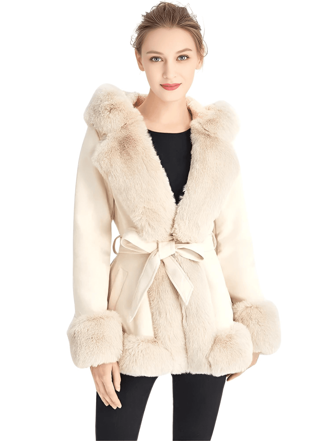 Hooded Fur Coats For Women With Belt and Fur Lining Inside -, Coats , Drestiny , Australia, Beige, Black, Brown, Camel, Canada, Coats, Jackets, L, M, New Zealand, S, United Kingdom, United States, XL, XXL, XXXL , Drestiny , www.shopdrestiny.com