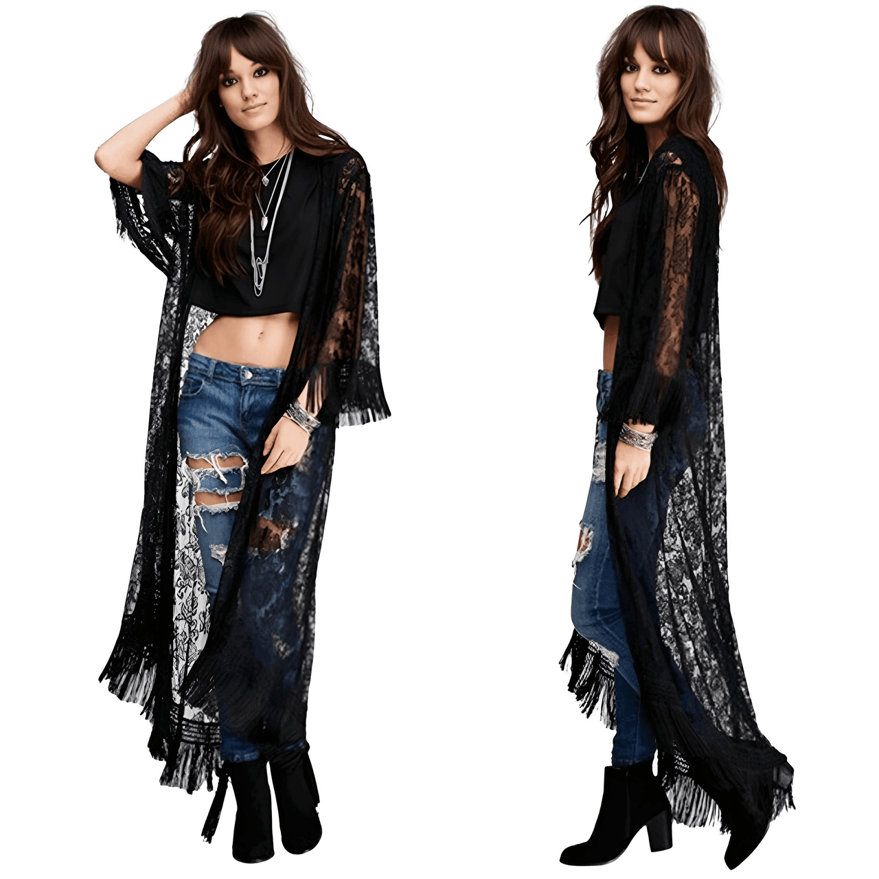 Long Black Tassel Lace Kimono for Women -, Kimono , Drestiny , Australia, Black, Kimonos, L, Long Sleeves, M, New Zealand, S, United Kingdom, United States , Drestiny , www.shopdrestiny.com