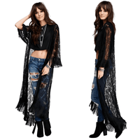 Thumbnail for Long Black Tassel Lace Kimono for Women -, Kimono , Drestiny , Australia, Black, Kimonos, L, Long Sleeves, M, New Zealand, S, United Kingdom, United States , Drestiny , www.shopdrestiny.com