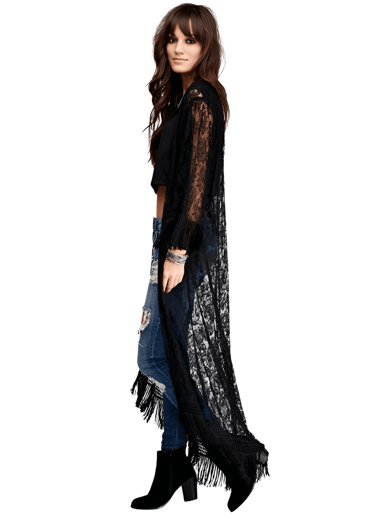 Long Black Tassel Lace Kimono for Women -, Kimono , Drestiny , Australia, Black, Kimonos, L, Long Sleeves, M, New Zealand, S, United Kingdom, United States , Drestiny , www.shopdrestiny.com