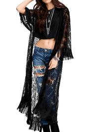 Thumbnail for Long Black Tassel Lace Kimono for Women -, Kimono , Drestiny , Australia, Black, Kimonos, L, Long Sleeves, M, New Zealand, S, United Kingdom, United States , Drestiny , www.shopdrestiny.com