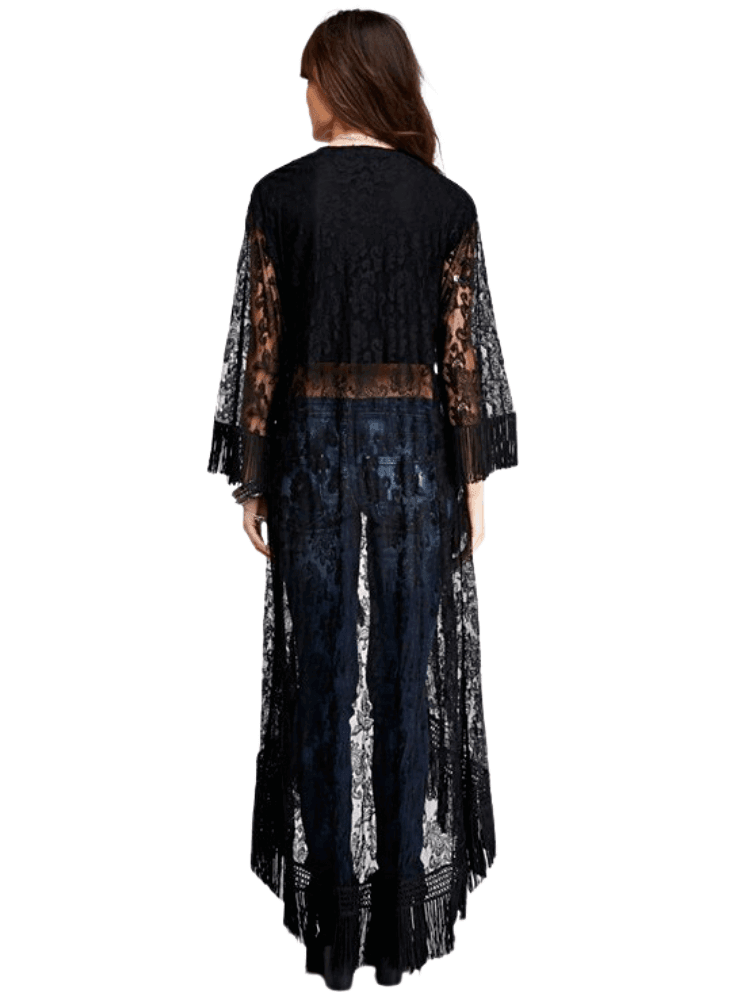 Long Black Tassel Lace Kimono for Women -, Kimono , Drestiny , Australia, Black, Kimonos, L, Long Sleeves, M, New Zealand, S, United Kingdom, United States , Drestiny , www.shopdrestiny.com