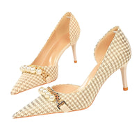 Thumbnail for Luxury Pearl & Metal Chain High-Heel Stiletto Pumps -, High Heels , Drestiny , Apricot, Australia, Black, FR, Gold, Heels, High Heels, Pumps, Stilettos, United Kingdom, United States , Drestiny , www.shopdrestiny.com