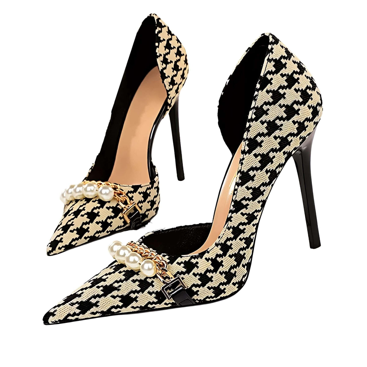 Luxury Pearl & Metal Chain High-Heel Stiletto Pumps -, High Heels , Drestiny , Apricot, Australia, Black, FR, Gold, Heels, High Heels, Pumps, Stilettos, United Kingdom, United States , Drestiny , www.shopdrestiny.com