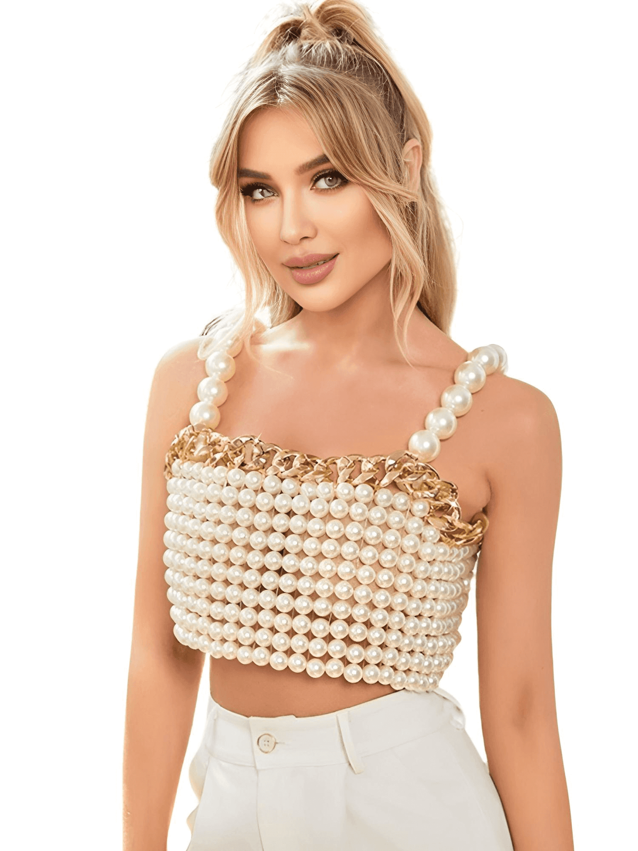 Luxury White Pearl Crop Top with Gold Metal Chain -, Crop Top , Drestiny , Australia, Crop Tops, Dress Shirts, Gold, New Zealand, Sleeveless, United Kingdom, United States, White , Drestiny , www.shopdrestiny.com