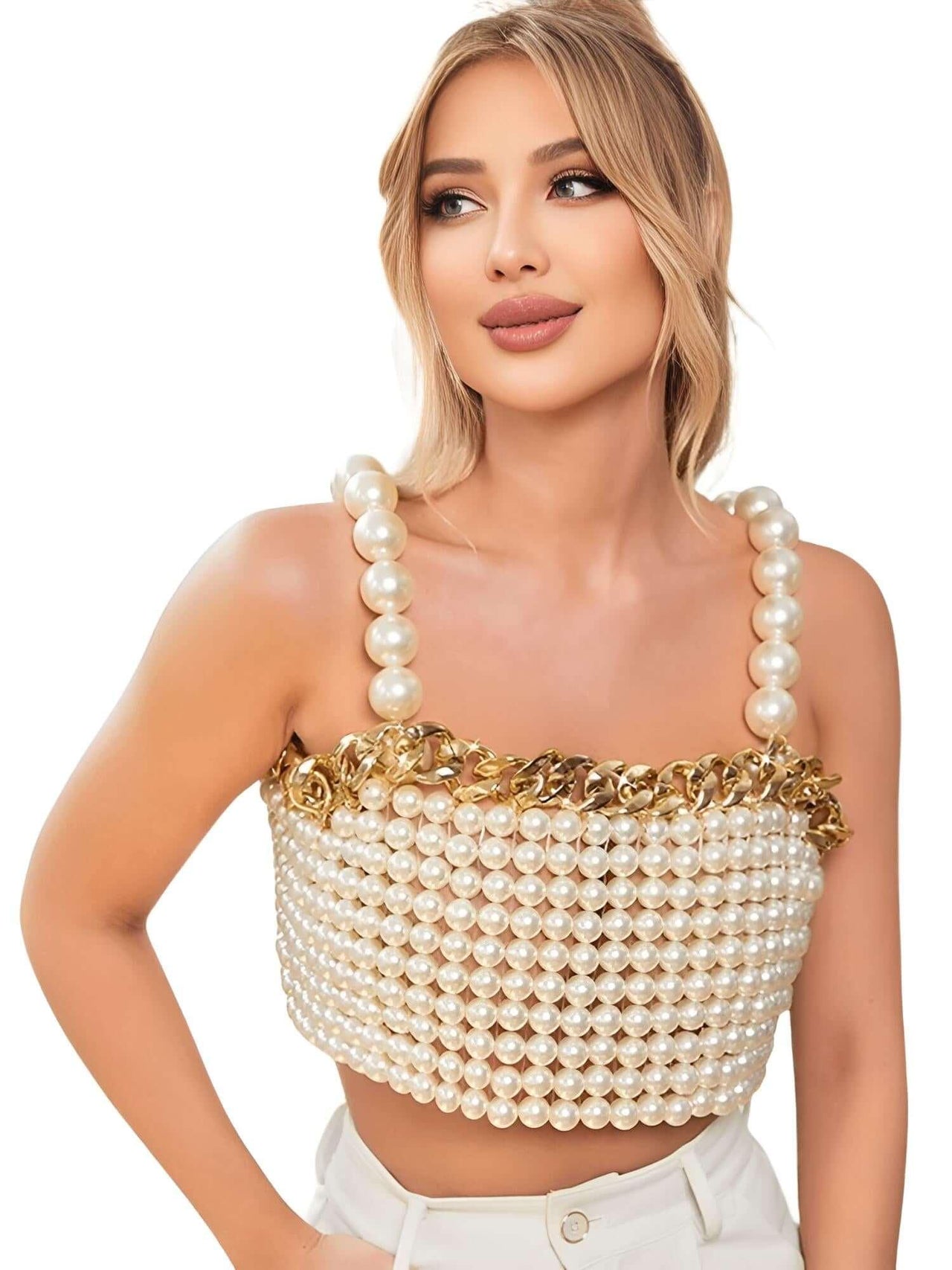 Luxury White Pearl Crop Top with Gold Metal Chain -, Crop Top , Drestiny , Australia, Crop Tops, Dress Shirts, Gold, New Zealand, Sleeveless, United Kingdom, United States, White , Drestiny , www.shopdrestiny.com