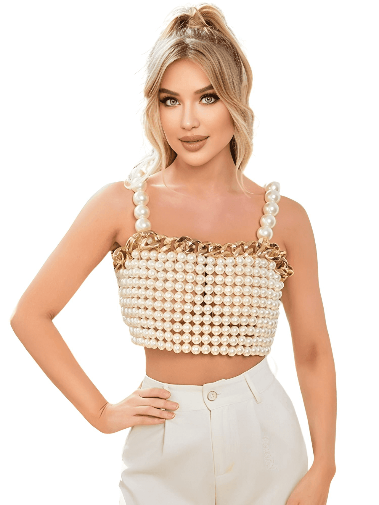 Luxury White Pearl Crop Top with Gold Metal Chain -, Crop Top , Drestiny , Australia, Crop Tops, Dress Shirts, Gold, New Zealand, Sleeveless, United Kingdom, United States, White , Drestiny , www.shopdrestiny.com