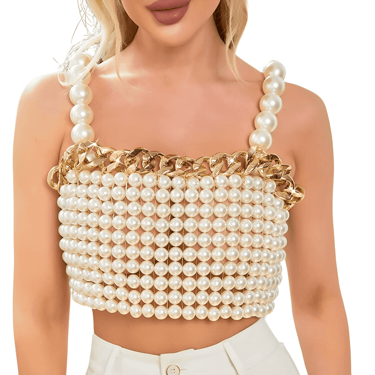 Luxury White Pearl Crop Top with Gold Metal Chain -, Crop Top , Drestiny , Australia, Crop Tops, Dress Shirts, Gold, New Zealand, Sleeveless, United Kingdom, United States, White , Drestiny , www.shopdrestiny.com