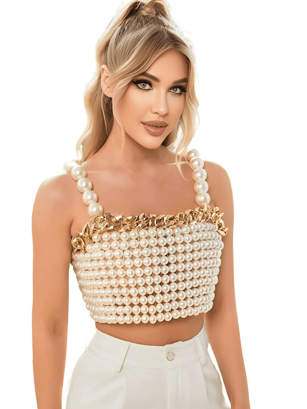 Luxury White Pearl Crop Top with Gold Metal Chain -, Crop Top , Drestiny , Australia, Crop Tops, Dress Shirts, Gold, New Zealand, Sleeveless, United Kingdom, United States, White , Drestiny , www.shopdrestiny.com