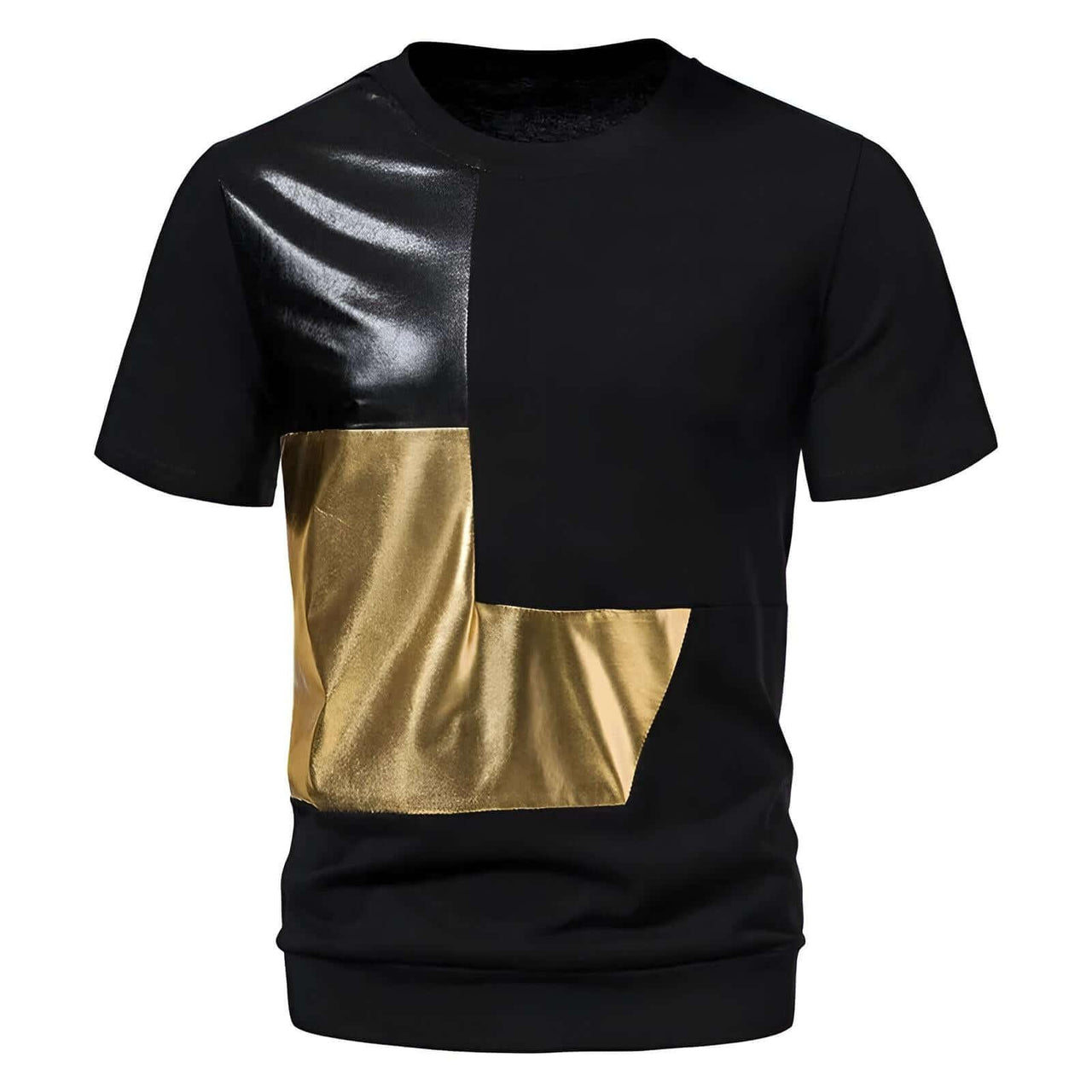 Men's Glossy Metallic Gold Colorblock Patchwork Cotton Tee Shirt -, T-Shirts , Drestiny , Australia, Black, Canada, Casual Shirts, FR, Gold, L, M, New Zealand, S, Short Sleeves, T-Shirts, United Kingdom, United States, XL, XXL , Drestiny , www.shopdrestiny.com