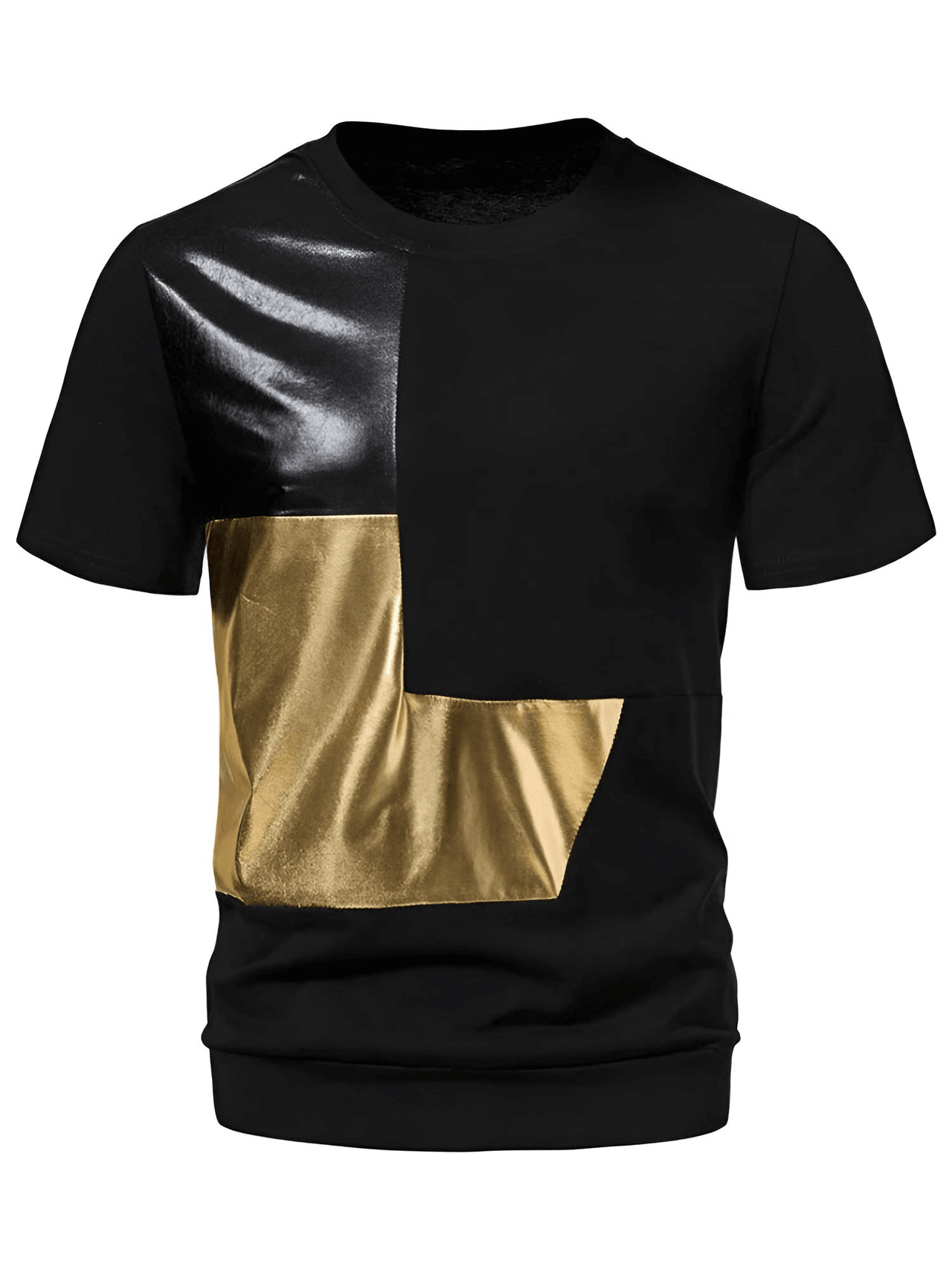 Men's Glossy Metallic Gold Colorblock Patchwork Cotton Tee Shirt -, T-Shirts , Drestiny , Australia, Black, Canada, Casual Shirts, FR, Gold, L, M, New Zealand, S, Short Sleeves, T-Shirts, United Kingdom, United States, XL, XXL , Drestiny , www.shopdrestiny.com