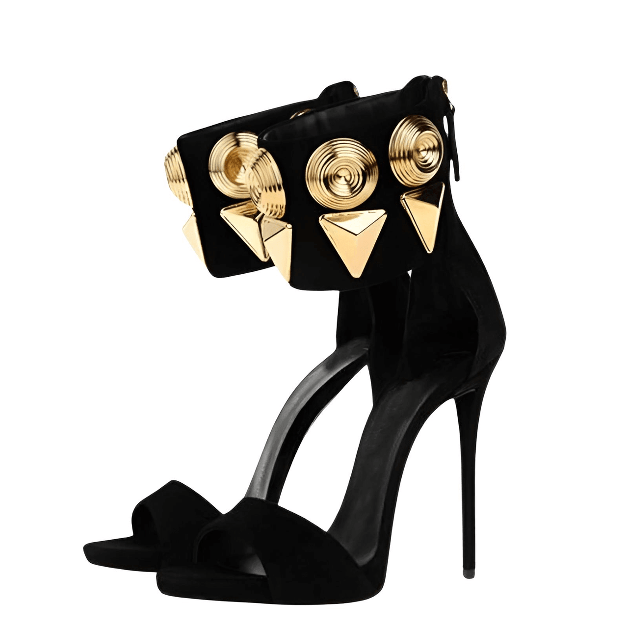 New Gold Metal Rivet Black Suede Stiletto Sandals Women -, Shoes , Drestiny , 10, 10.5, 12, 5, 6, 6.5, 7.5, 8.5, 9, 9.5, Australia, Black, Canada, Gold, Heels, High Heels, New Zealand, Sandals, Stilettos, United Kingdom, United States , Drestiny , www.shopdrestiny.com